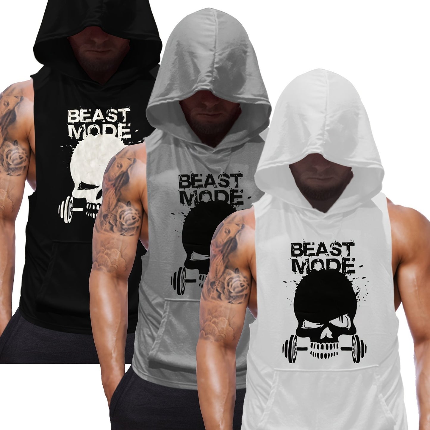 3pcs Men's Sleeveless Hooded Stringers Workout Tank Tops Skull Bodybuilding Workout Shirts