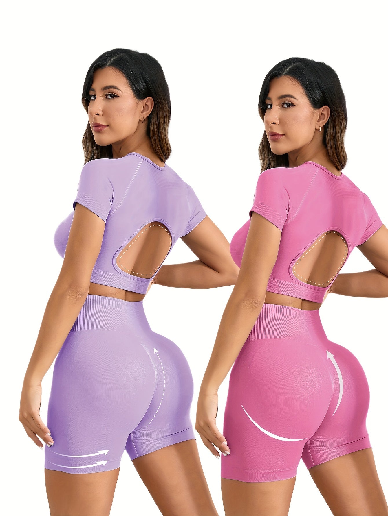 Ensemble Dos ouvert en nylon sans couture, haut à manches courtes très extensible, respirant et confortable 2 pièces | Fitness Femme