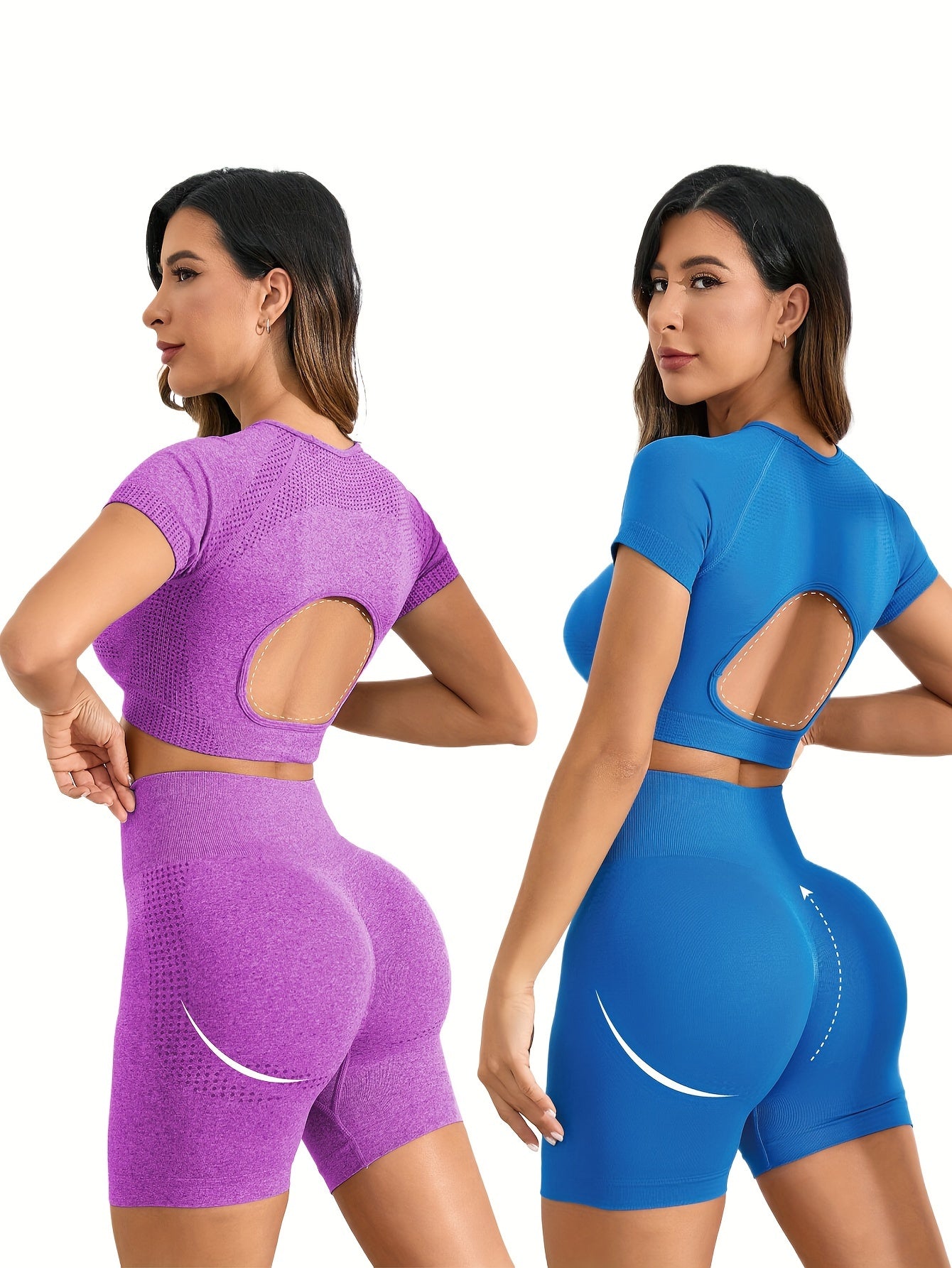 Ensemble Dos ouvert en nylon sans couture, haut à manches courtes très extensible, respirant et confortable 2 pièces | Fitness Femme