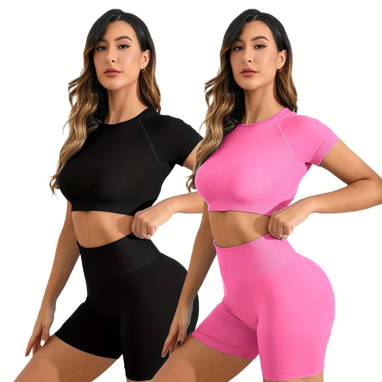 Ensemble Dos ouvert en nylon sans couture, haut à manches courtes très extensible, respirant et confortable 2 pièces | Fitness Femme