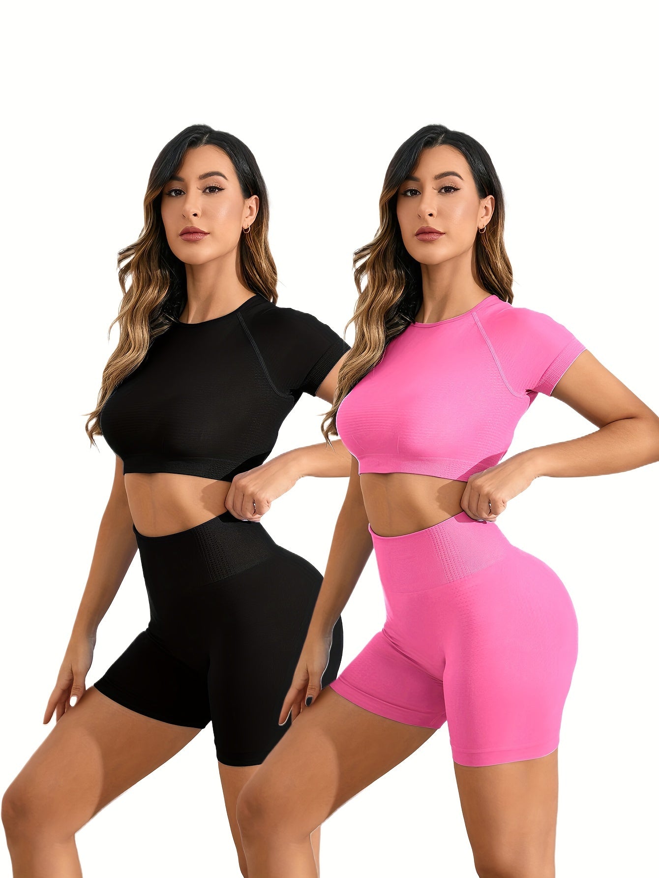 Ensemble Dos ouvert en nylon sans couture, haut à manches courtes très extensible, respirant et confortable 2 pièces | Fitness Femme