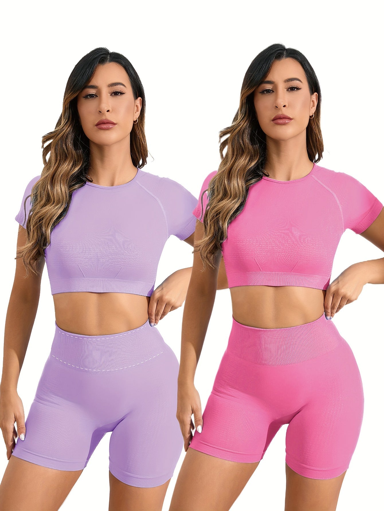 Ensemble Dos ouvert en nylon sans couture, haut à manches courtes très extensible, respirant et confortable 2 pièces | Fitness Femme