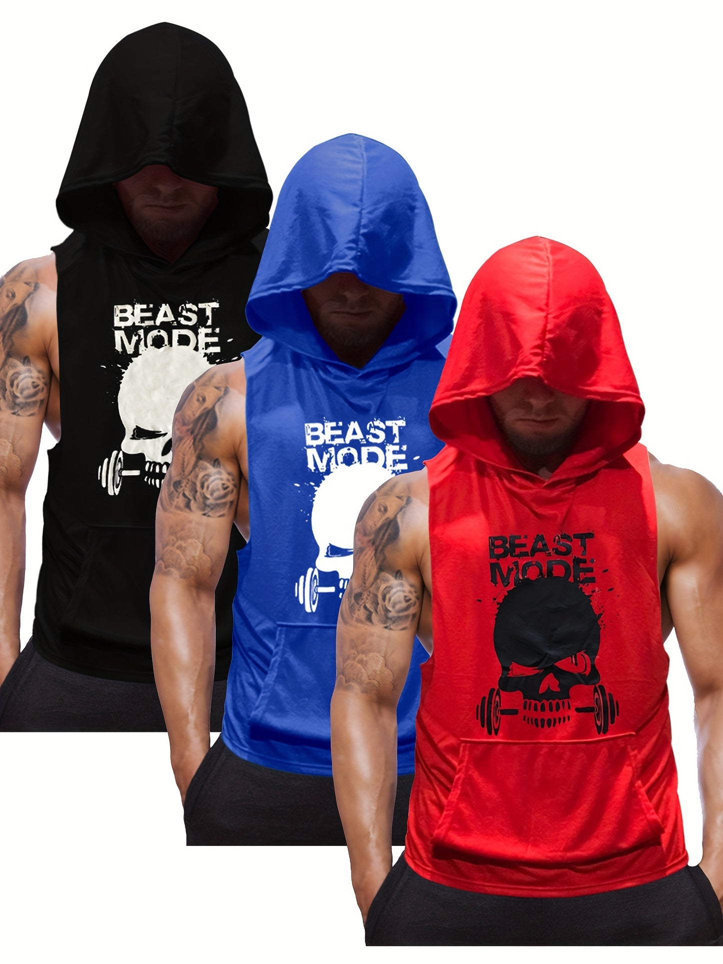 3pcs Men's Sleeveless Hooded Stringers Workout Tank Tops Skull Bodybuilding Workout Shirts