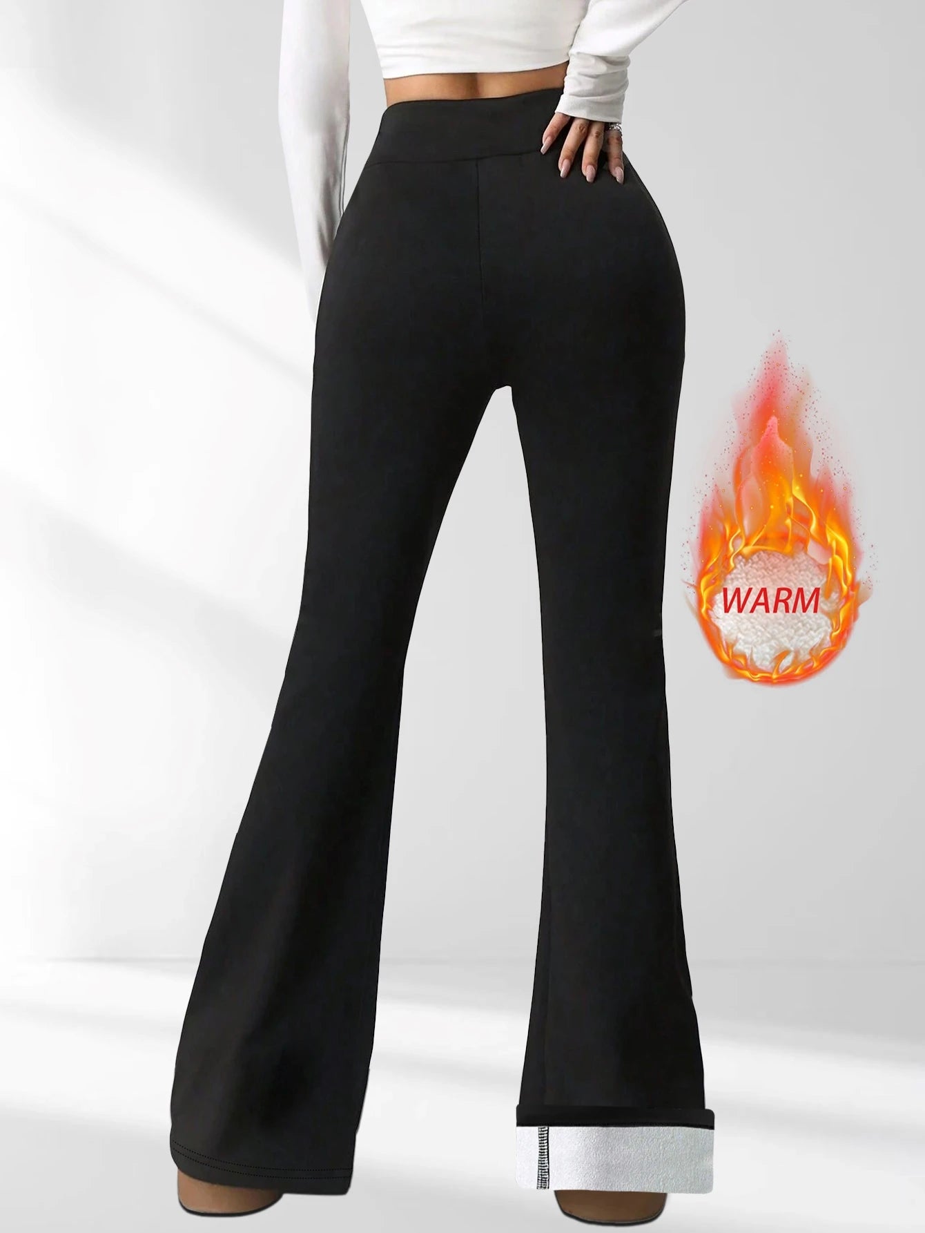 1 paire de pantalons à cloche doublés de laine noire pour femmes - ...