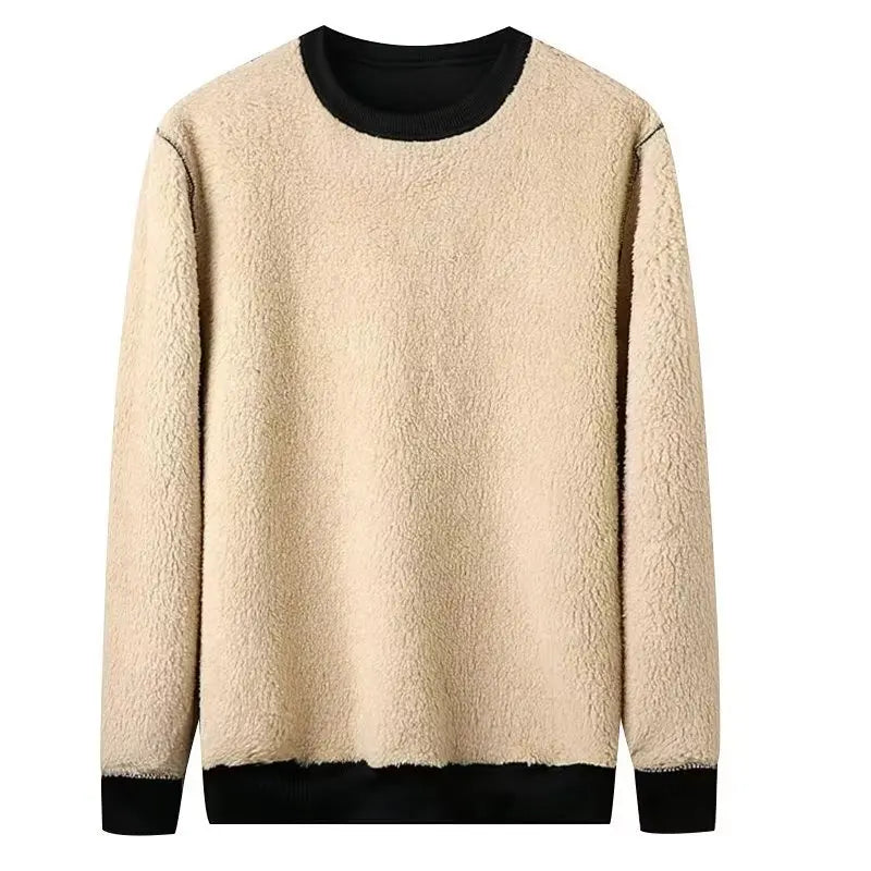 Sweat-shirt en molleton d'agneau pour homme, couleur unie, chaud, col rond, manches longues, sous-vêtement thermique, haut épais en velours, hiver