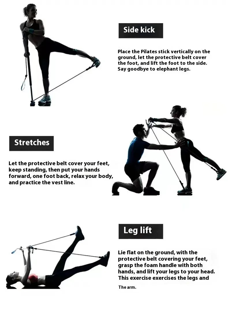 Bâton de Pilates – Barre de fitness réglable pour l'entraînement à domicile, le yoga, l'étirement et le tonification – Tige d'exercice portable avec bandes élastiques