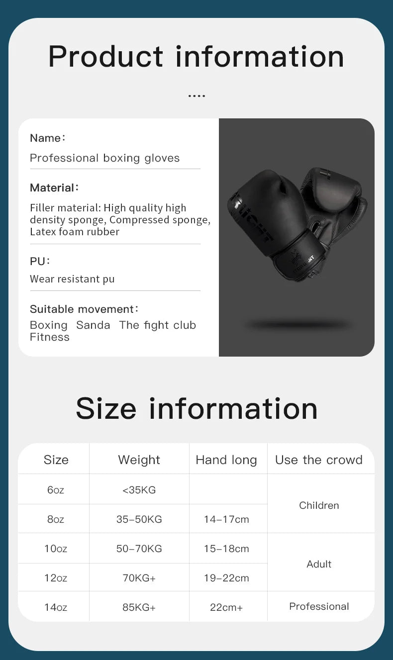 Gants de boxe professionnels pour adultes 8/10/12 14 16 | UNISEXE | Accessoires C