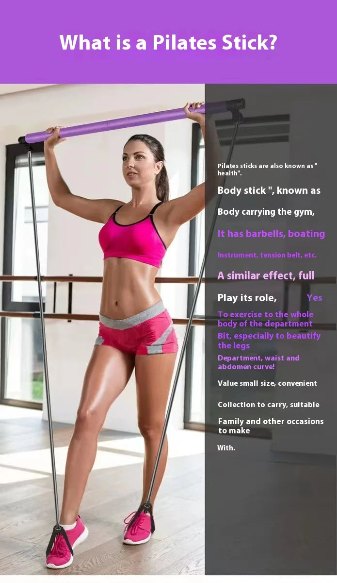 Bâton de Pilates – Barre de fitness réglable pour l'entraînement à domicile, le yoga, l'étirement et le tonification – Tige d'exercice portable avec bandes élastiques