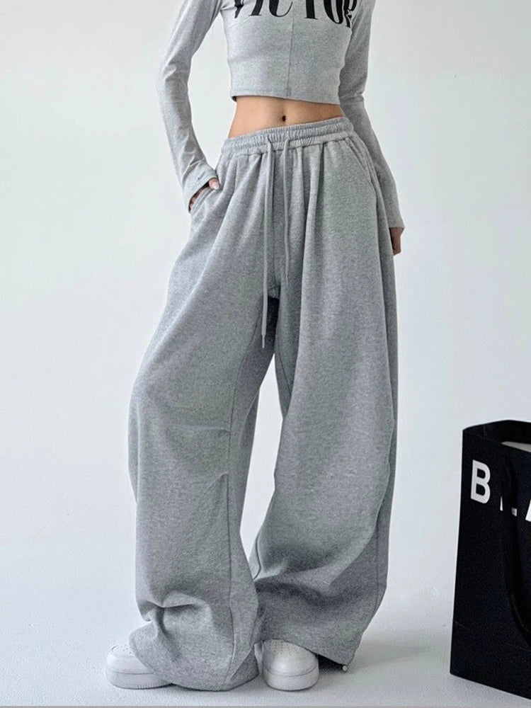 Harajuku pantalon de survêtement à jambes larges femmes Streetwear Baggy surdimensionné gris pantalon de sport taille haute cordon pantalon décontracté