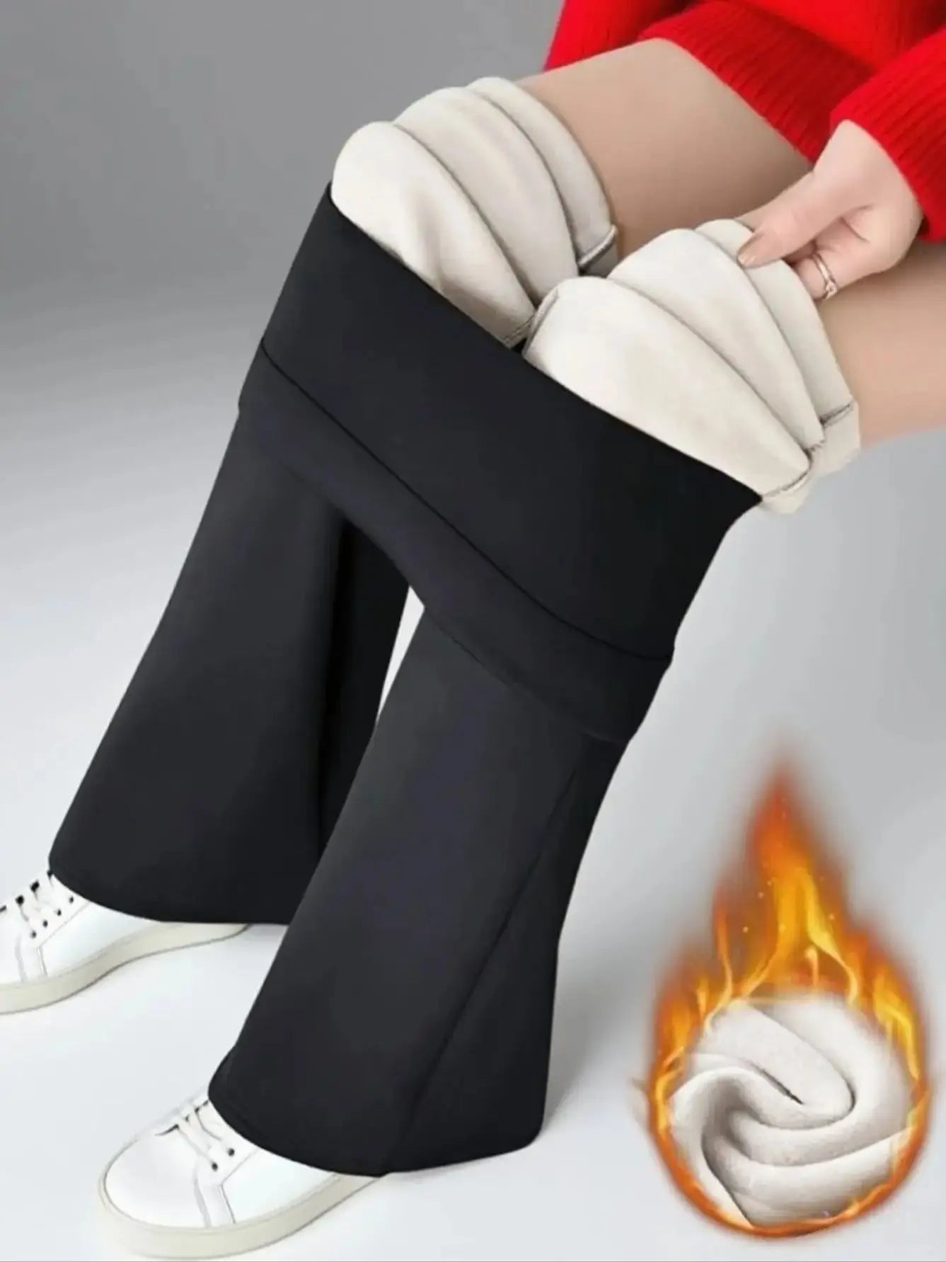 1 paire de pantalons à cloche doublés de laine noire pour femmes - ...