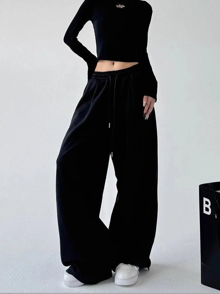 Harajuku pantalon de survêtement à jambes larges femmes Streetwear Baggy surdimensionné gris pantalon de sport taille haute cordon pantalon décontracté