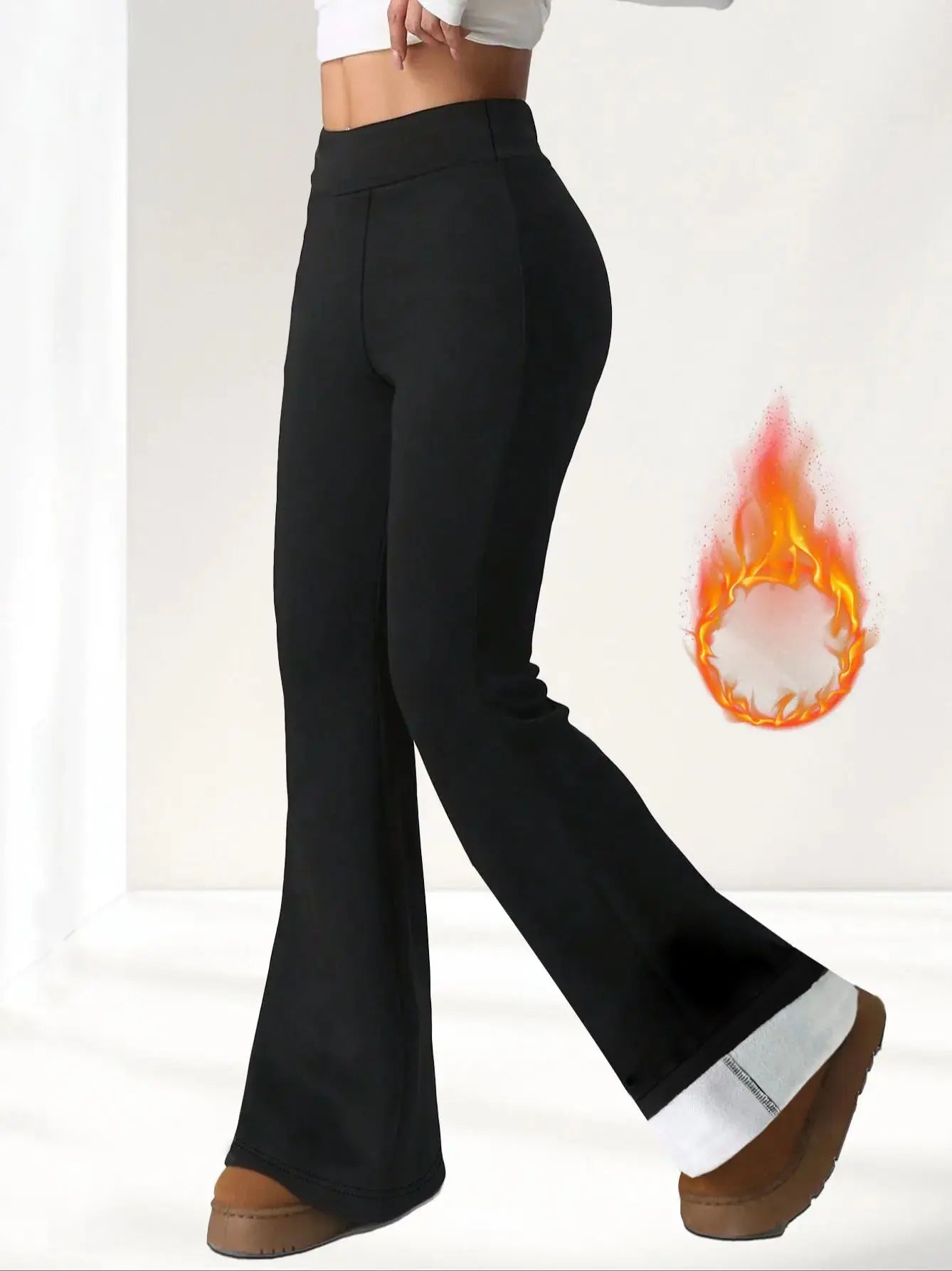 1 paire de pantalons à cloche doublés de laine noire pour femmes - ...
