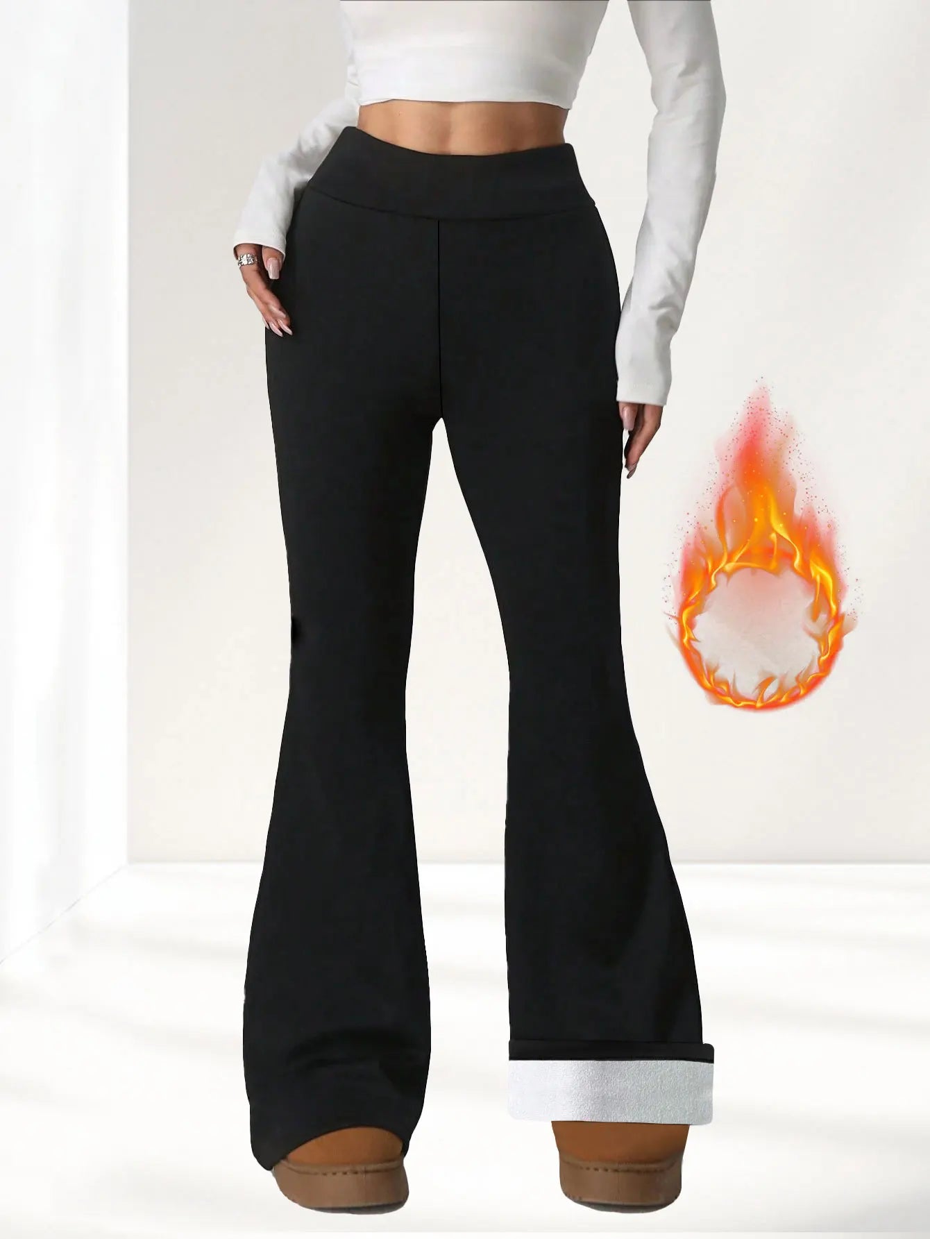 1 paire de pantalons à cloche doublés de laine noire pour femmes - ...