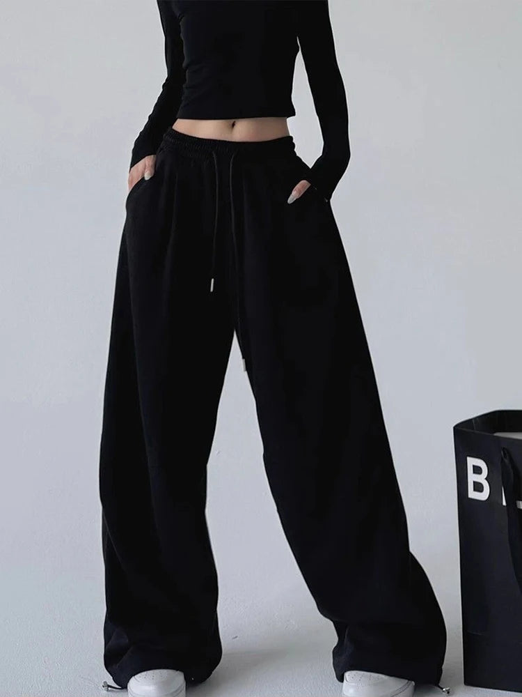 Harajuku pantalon de survêtement à jambes larges femmes Streetwear Baggy surdimensionné gris pantalon de sport taille haute cordon pantalon décontracté