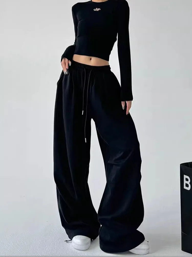 Harajuku pantalon de survêtement à jambes larges femmes Streetwear Baggy surdimensionné gris pantalon de sport taille haute cordon pantalon décontracté