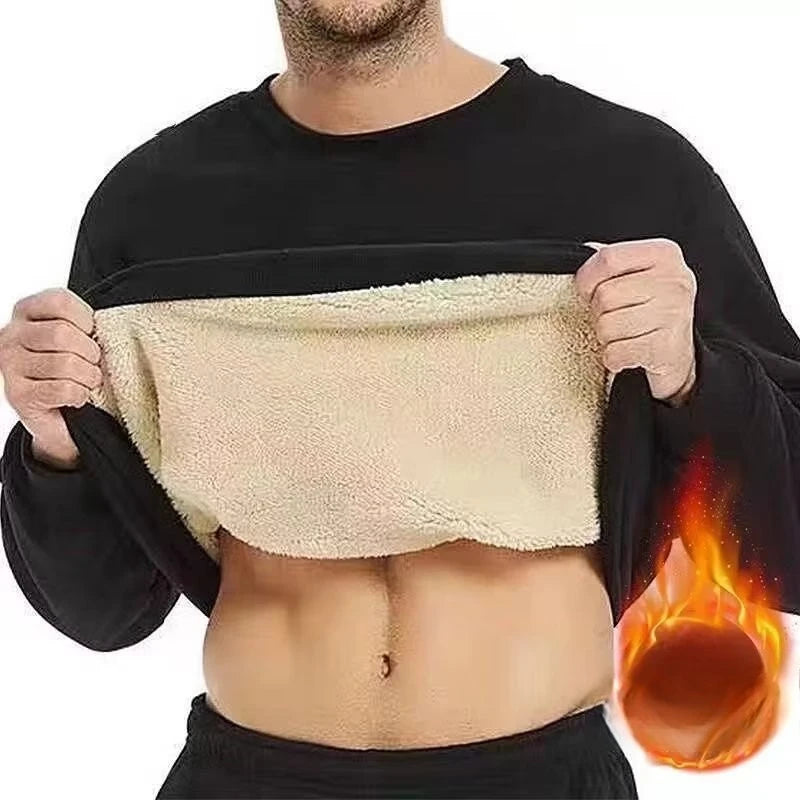 Sweat-shirt en molleton d'agneau pour homme, couleur unie, chaud, col rond, manches longues, sous-vêtement thermique, haut épais en velours, hiver