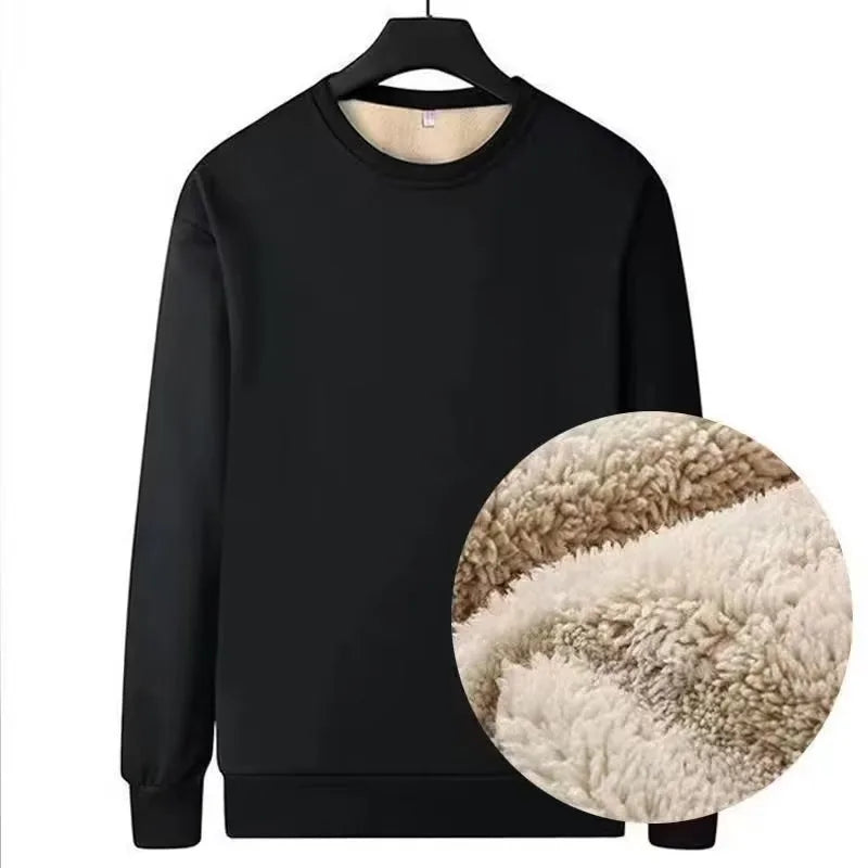 Sweat-shirt en molleton d'agneau pour homme, couleur unie, chaud, col rond, manches longues, sous-vêtement thermique, haut épais en velours, hiver