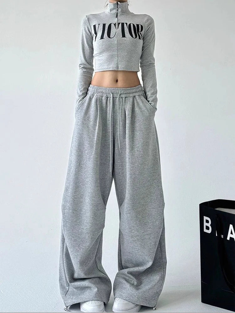 Harajuku pantalon de survêtement à jambes larges femmes Streetwear Baggy surdimensionné gris pantalon de sport taille haute cordon pantalon décontracté