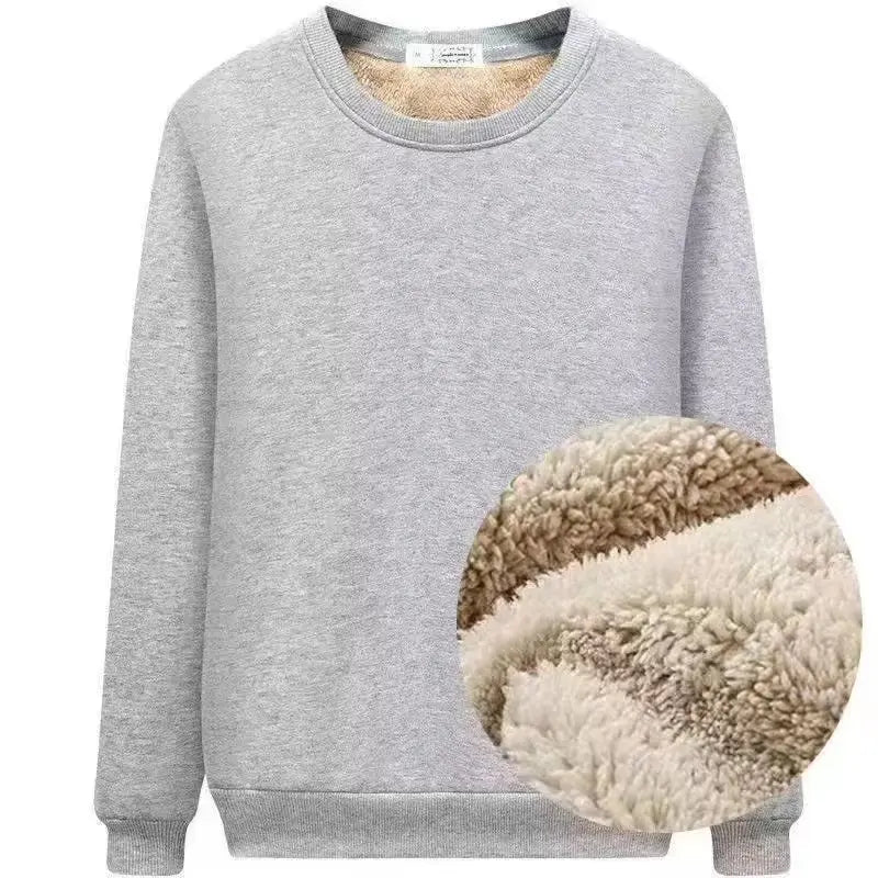 Sweat-shirt en molleton d'agneau pour homme, couleur unie, chaud, col rond, manches longues, sous-vêtement thermique, haut épais en velours, hiver