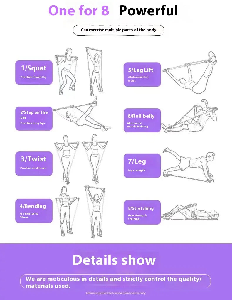 Bâton de Pilates – Barre de fitness réglable pour l'entraînement à domicile, le yoga, l'étirement et le tonification – Tige d'exercice portable avec bandes élastiques