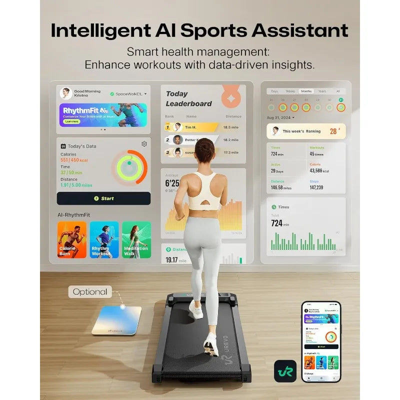 UREVO Tapis de marche intelligent, tapis roulant compact sous le bureau avec double absorption des chocs, fonctionnement silencieux, application d'entraînement