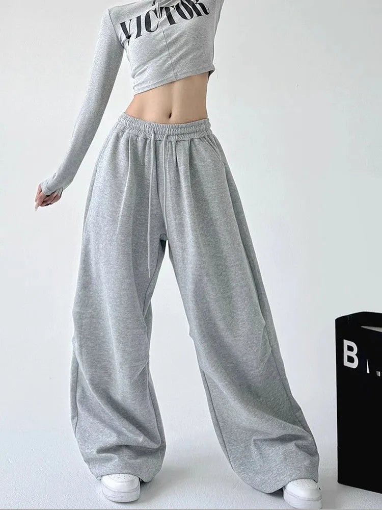 Harajuku pantalon de survêtement à jambes larges femmes Streetwear Baggy surdimensionné gris pantalon de sport taille haute cordon pantalon décontracté