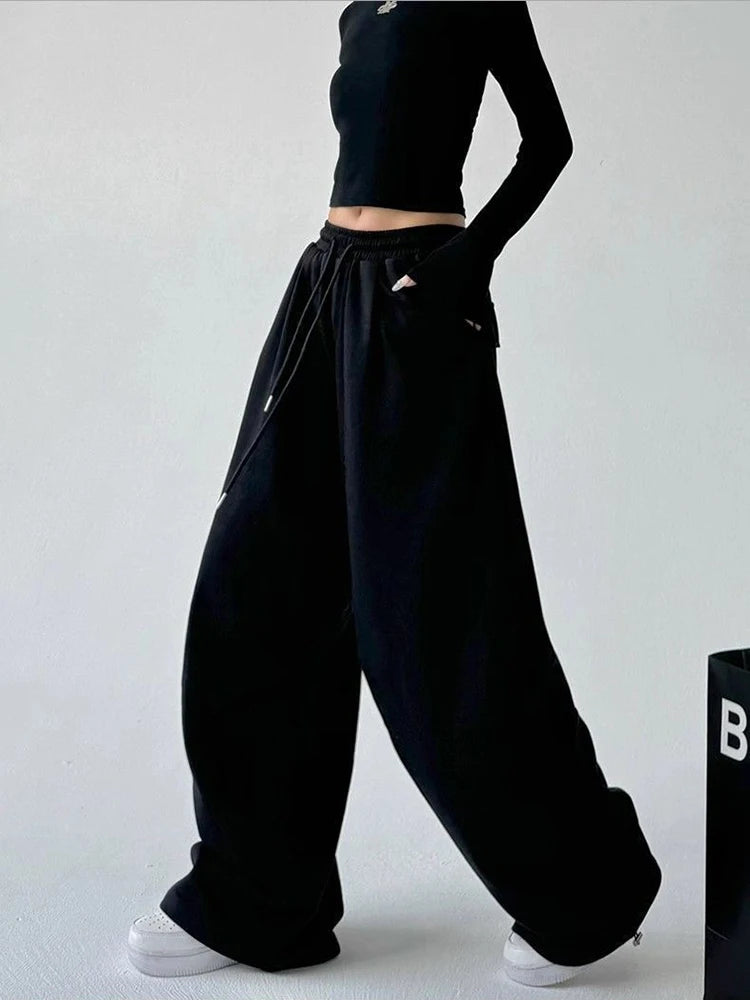 Harajuku pantalon de survêtement à jambes larges femmes Streetwear Baggy surdimensionné gris pantalon de sport taille haute cordon pantalon décontracté