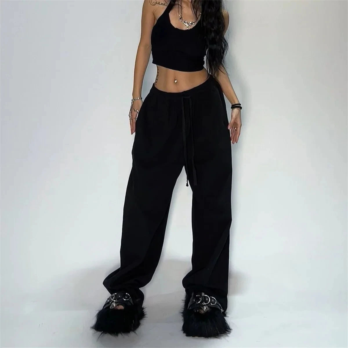Jogging décontracté pour femmes, couleur unie, taille haute, à lacets.