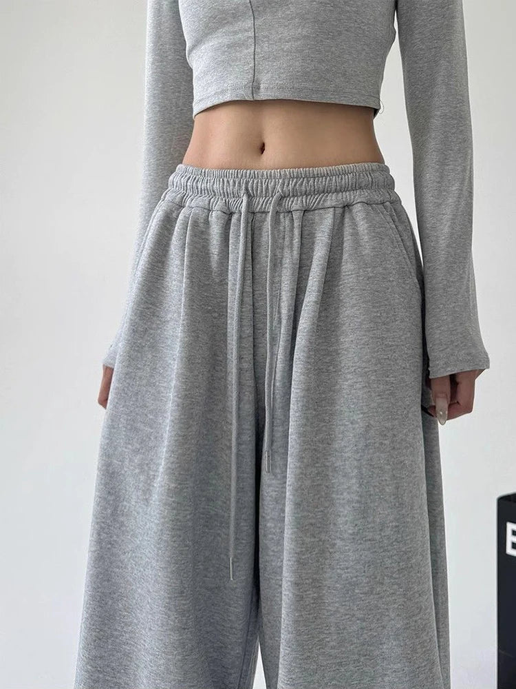 Harajuku pantalon de survêtement à jambes larges femmes Streetwear Baggy surdimensionné gris pantalon de sport taille haute cordon pantalon décontracté