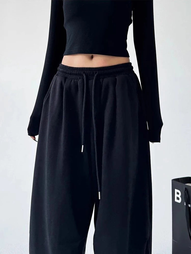 Harajuku pantalon de survêtement à jambes larges femmes Streetwear Baggy surdimensionné gris pantalon de sport taille haute cordon pantalon décontracté