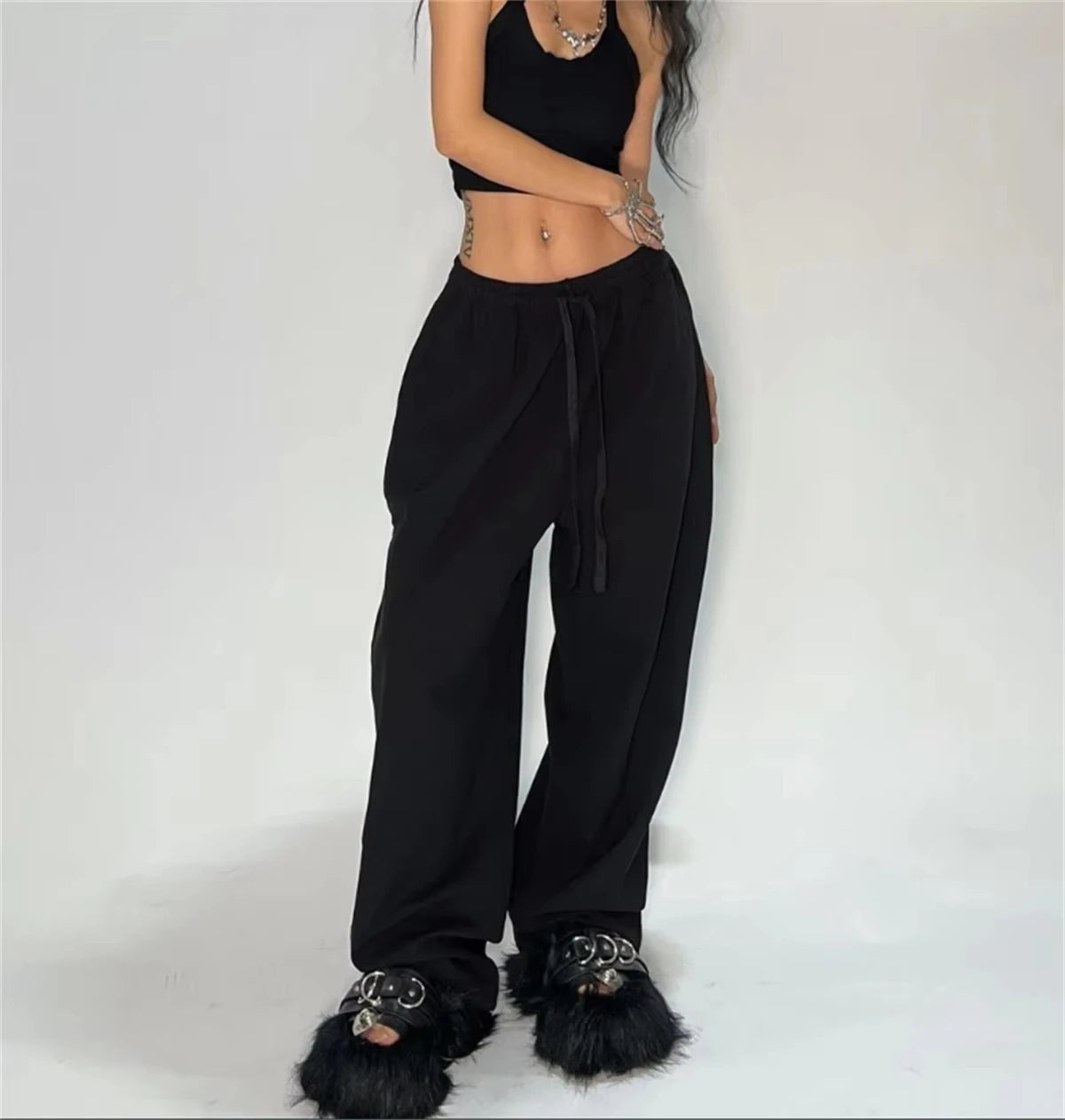 Jogging décontracté pour femmes, couleur unie, taille haute, à lacets.