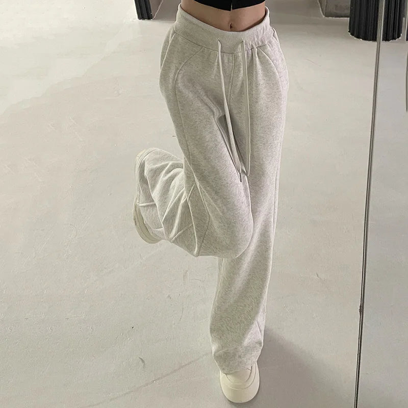 Jogging de sport élastique pour femmes, basique, blanc, gris, noir, jambes larges, droit, polyvalent, taille haute, survêtement