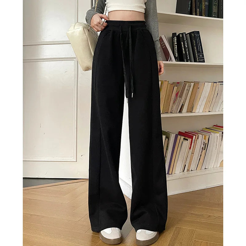 Jogging de sport élastique pour femmes, basique, blanc, gris, noir, jambes larges, droit, polyvalent, taille haute, survêtement