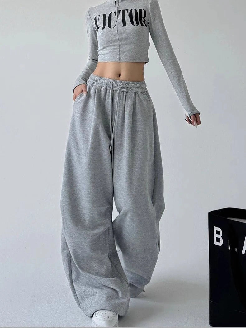 Harajuku pantalon de survêtement à jambes larges femmes Streetwear Baggy surdimensionné gris pantalon de sport taille haute cordon pantalon décontracté