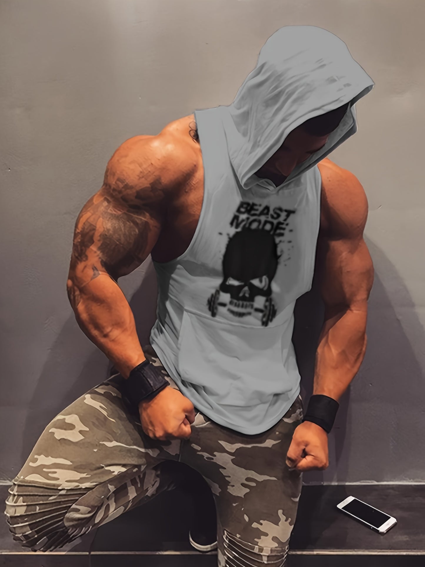 3pcs Men's Sleeveless Hooded Stringers Workout Tank Tops Skull Bodybuilding Workout Shirts