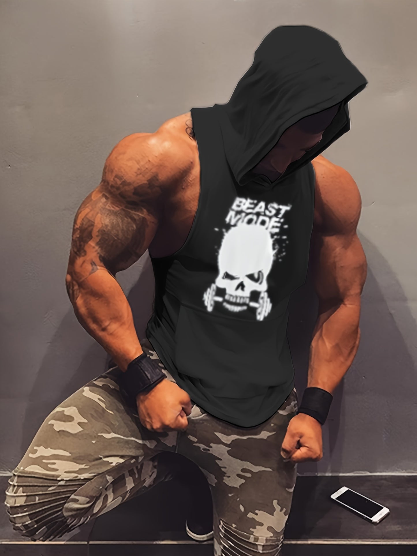 3pcs Men's Sleeveless Hooded Stringers Workout Tank Tops Skull Bodybuilding Workout Shirts