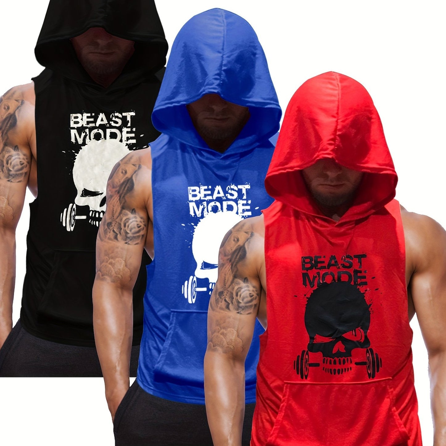 3pcs Men's Sleeveless Hooded Stringers Workout Tank Tops Skull Bodybuilding Workout Shirts
