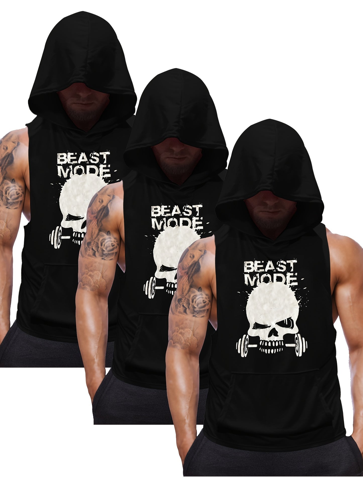 3pcs Men's Sleeveless Hooded Stringers Workout Tank Tops Skull Bodybuilding Workout Shirts