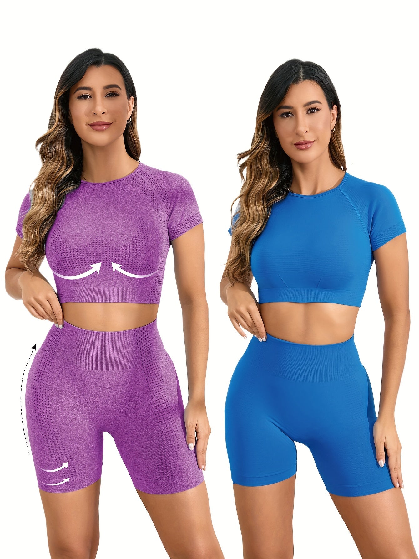 Ensemble Dos ouvert en nylon sans couture, haut à manches courtes très extensible, respirant et confortable 2 pièces | Fitness Femme