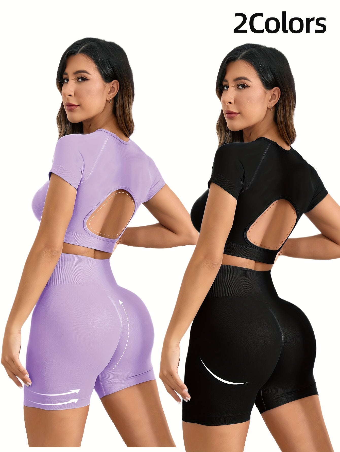 Ensemble Dos ouvert en nylon sans couture, haut à manches courtes très extensible, respirant et confortable 2 pièces | Fitness Femme
