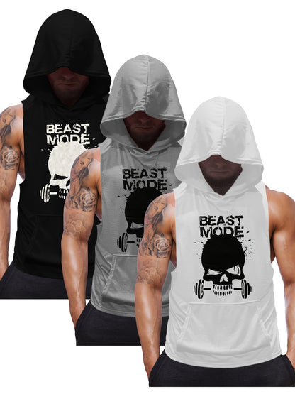 3pcs Men's Sleeveless Hooded Stringers Workout Tank Tops Skull Bodybuilding Workout Shirts