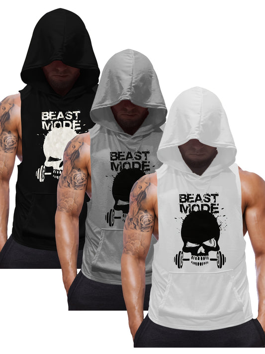 3pcs Men's Sleeveless Hooded Stringers Workout Tank Tops Skull Bodybuilding Workout Shirts