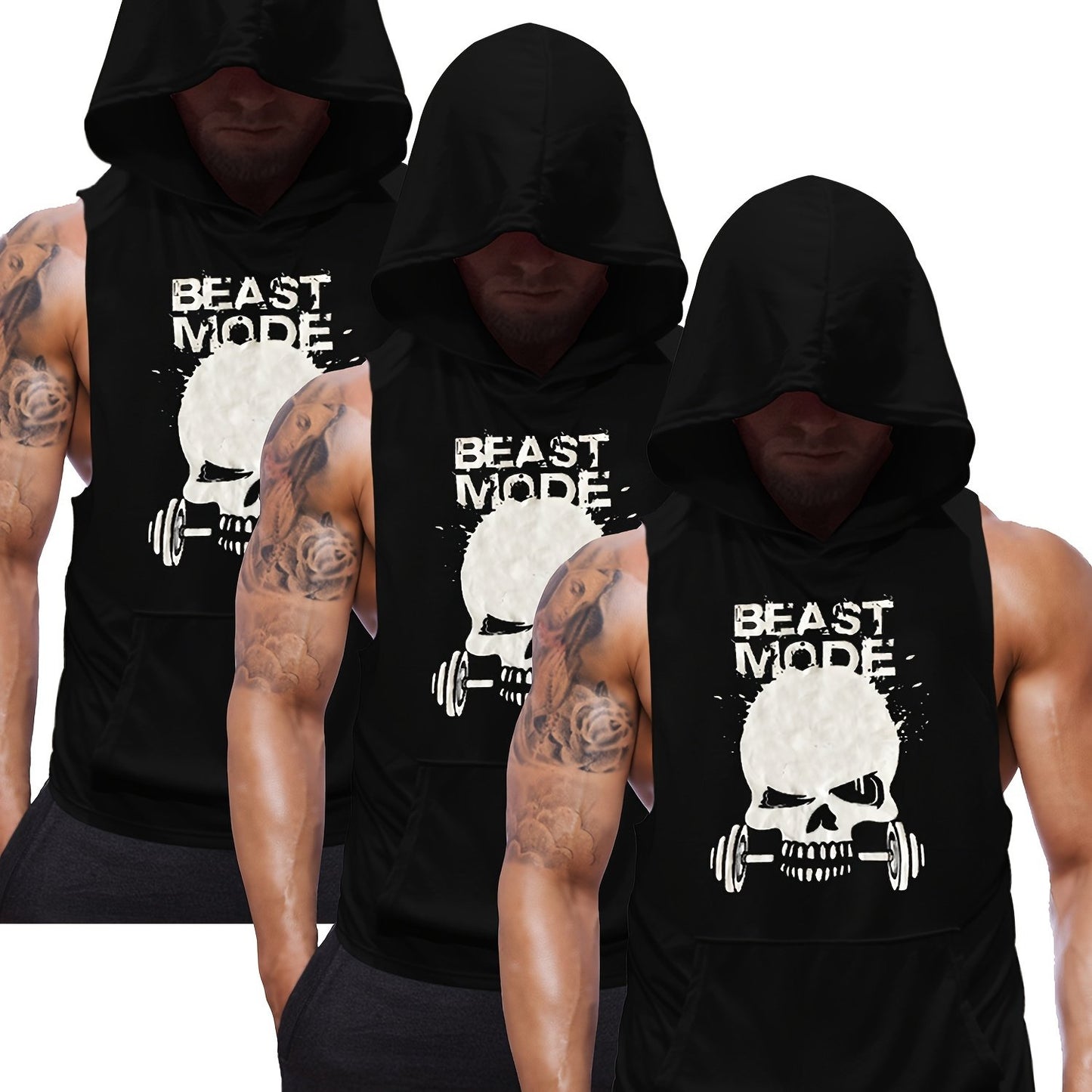 3pcs Men's Sleeveless Hooded Stringers Workout Tank Tops Skull Bodybuilding Workout Shirts