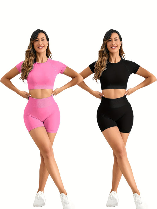 Ensemble Dos ouvert en nylon sans couture, haut à manches courtes très extensible, respirant et confortable 2 pièces | Fitness Femme