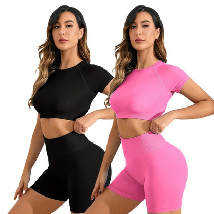 Ensemble Dos ouvert en nylon sans couture, haut à manches courtes très extensible, respirant et confortable 2 pièces | Fitness Femme