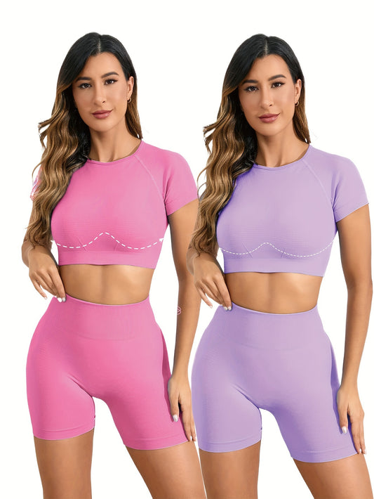 Ensemble Dos ouvert en nylon sans couture, haut à manches courtes très extensible, respirant et confortable 2 pièces | Fitness Femme