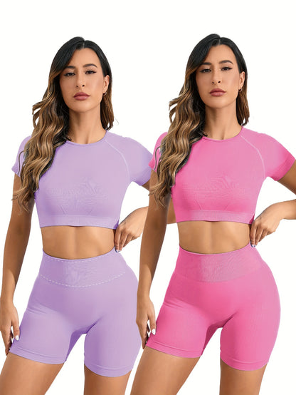 Ensemble Dos ouvert en nylon sans couture, haut à manches courtes très extensible, respirant et confortable 2 pièces | Fitness Femme