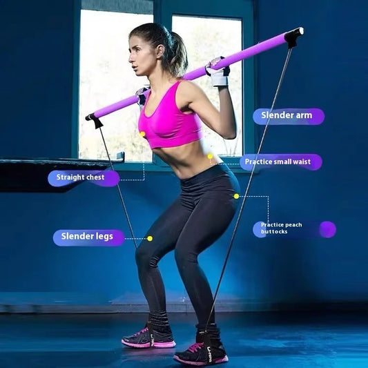 Bâton de Pilates – Barre de fitness réglable pour l'entraînement à domicile, le yoga, l'étirement et le tonification – Tige d'exercice portable avec bandes élastiques