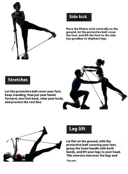 Bâton de Pilates – Barre de fitness réglable pour l'entraînement à domicile, le yoga, l'étirement et le tonification – Tige d'exercice portable avec bandes élastiques