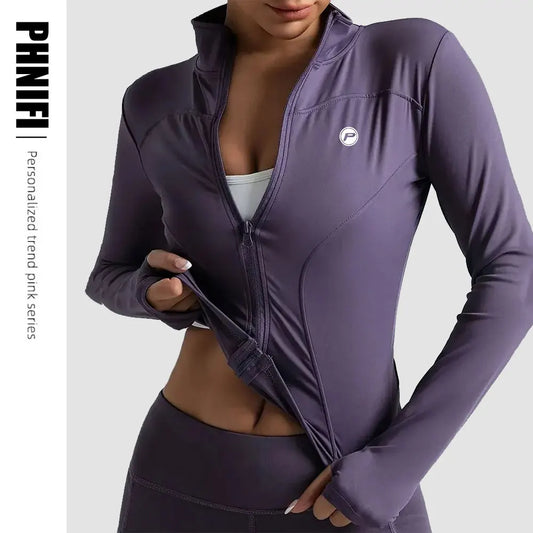 Veste de course à fermeture éclair pour femmes, légère et extensible, avec trous pour les pouces, vêtements de sport respirants